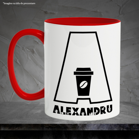 Cana Iubitorii De cafea, Energie Boabe, Text Nume Personalizat, Culoare Negru, Cu Litera, 330ML, Ceramica, Cu Maner si Interior Rosu [2]