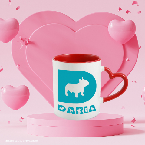 Cana Iubitorii De Caine Pug, Animal Blanos, Text Nume Personalizat, Culoare Albastru, Cu Litera, 330ML, Ceramica, Cu Maner Inima Rosie si Interior Rosu [1]