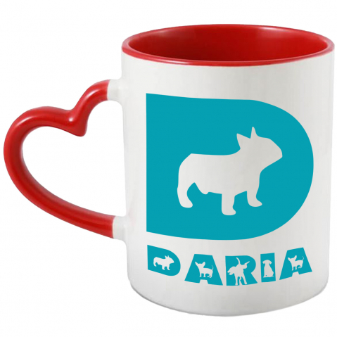 Cani Personalizate - Cana Iubitorii De Caine Pug, Animal Blanos, Text Nume Personalizat, Culoare Albastru, Cu Litera, 330ML, Ceramica, Cu Maner Inima Rosie si Interior Rosu