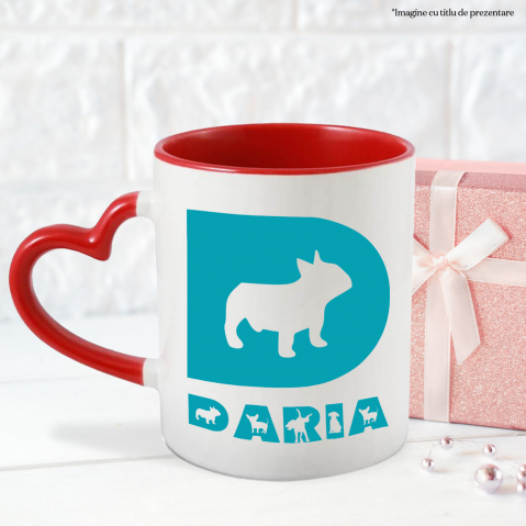 Cana Iubitorii De Caine Pug, Animal Blanos, Text Nume Personalizat, Culoare Albastru, Cu Litera, 330ML, Ceramica, Cu Maner Inima Rosie si Interior Rosu [2]