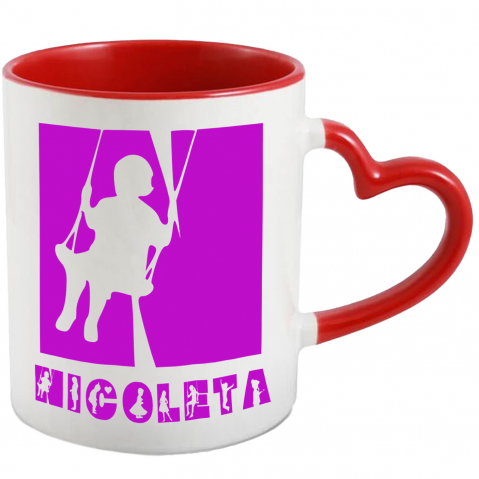 Copii - Cana Iubitorii De Copii, Siluete Diverse, Text Nume Personalizat, Parinte, Culoare Mov, Cu Litera, 330ML, Ceramica, Cu Maner Inima Rosie si Interior Rosu