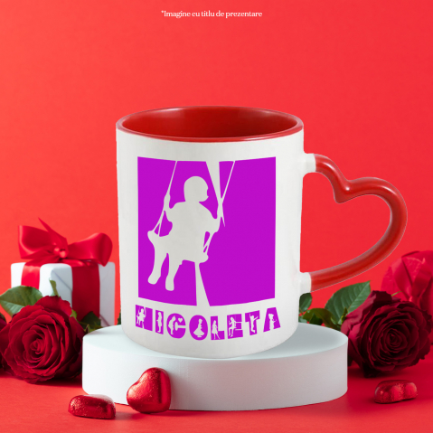 Cana Iubitorii De Copii, Siluete Diverse, Text Nume Personalizat, Parinte, Culoare Mov, Cu Litera, 330ML, Ceramica, Cu Maner Inima Rosie si Interior Rosu [2]