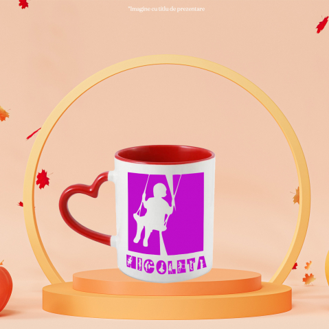Cana Iubitorii De Copii, Siluete Diverse, Text Nume Personalizat, Parinte, Culoare Mov, Cu Litera, 330ML, Ceramica, Cu Maner Inima Rosie si Interior Rosu [1]