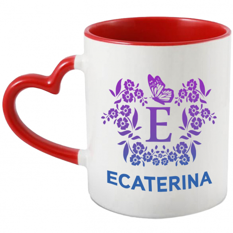 Flori - Cana Iubitorii De Coroana Flori, Fluture, Natura, Text Nume Personalizat, Dragoste, Culoare Mov, Cu Litera, 330ML, Ceramica, Cu Maner Inima Rosie si Interior Rosu