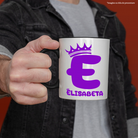 Cana Iubitorii De Coroane Regale, Text Nume Personalizat, Copii, Culoare Mov, Cu Litera, 330ML, Ceramica, Cu Maner si Interior Negru [1]