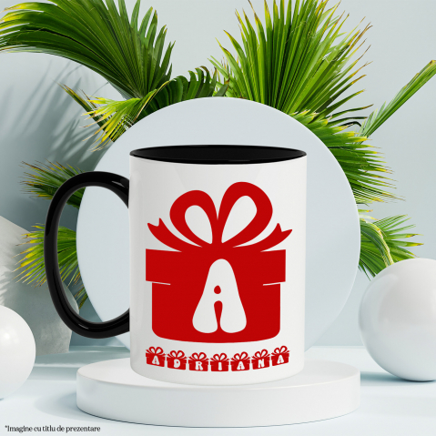 Cana Iubitorii De Craciun, Cadou Cu Funda, Text Nume Personalizat, Copii, Culoare Rosu, Cu Litera, 330ML, Ceramica, Cu Maner si Interior Negru [2]