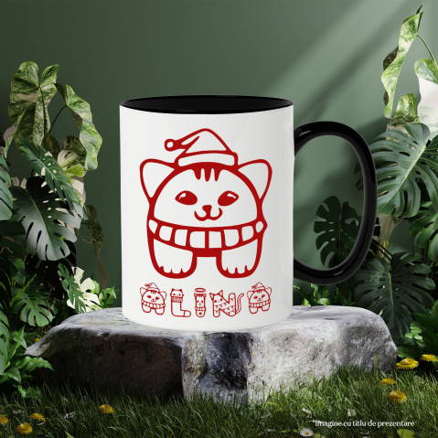 Cana Iubitorii De Craciun, Caine Cu Fular Si Caciula, Text Nume Personalizat, Culoare Rosu, Cu Litera, 330ML, Ceramica, Cu Maner si Interior Negru [2]