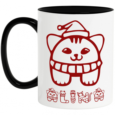 Cani Personalizate - Cana Iubitorii De Craciun, Caine Cu Fular Si Caciula, Text Nume Personalizat, Culoare Rosu, Cu Litera, 330ML, Ceramica, Cu Maner si Interior Negru