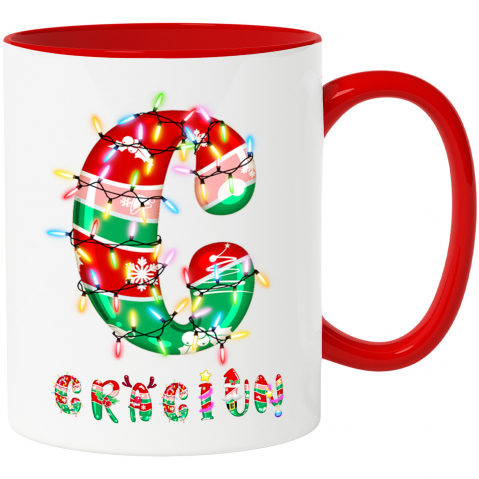 Craciun - Cana Iubitorii De Craciun, Instalatie Pom, Text Nume Personalizat, Copii, Culoare Rosu, alb, Verde, Cu Litera, 330ML, Ceramica, Cu Maner si Interior Rosu