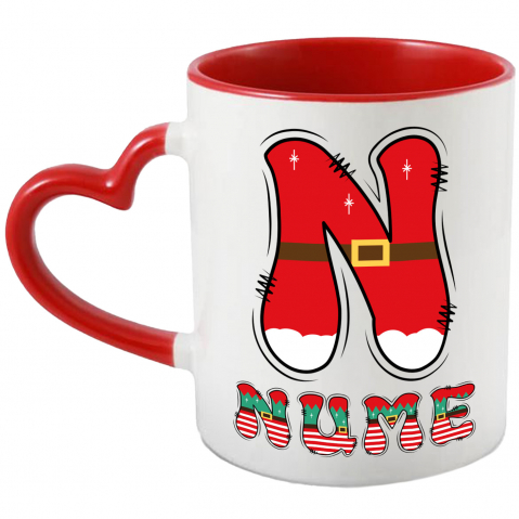 Craciun - Cana Iubitorii De Craciun, Mos Craciun, Text Nume Personalizat, Copii, Culoare Rosu, alb, Verde, Cu Litera, 330ML, Ceramica, Cu Maner Inima Rosie si Interior Rosu