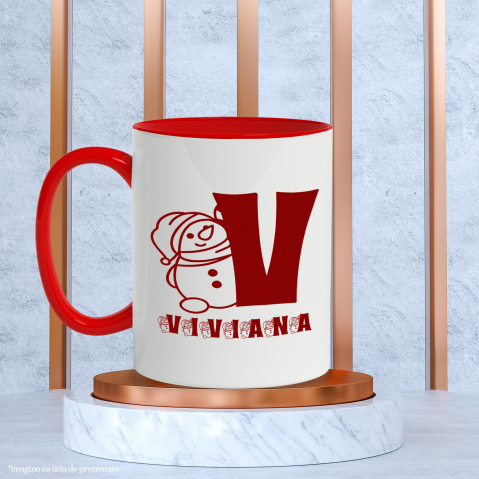 Cana Iubitorii De Craciun, Urs Gras Cu Caciula, Text Nume Personalizat, Copii, Culoare Rosu, Cu Litera, 330ML, Ceramica, Cu Maner si Interior Rosu [2]