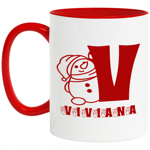 Craciun - Cana Iubitorii De Craciun, Urs Gras Cu Caciula, Text Nume Personalizat, Copii, Culoare Rosu, Cu Litera, 330ML, Ceramica, Cu Maner si Interior Rosu