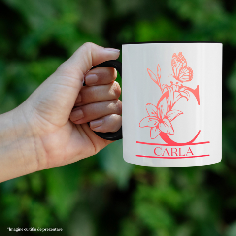 Cana Iubitorii De Crini, Flori,Fluture Natura, Text Nume Personalizat, Dragoste, Culoare Rosu, Cu Litera, 330ML, Ceramica, Cu Maner si Interior Negru [1]