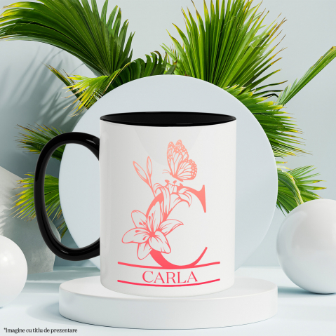 Cana Iubitorii De Crini, Flori,Fluture Natura, Text Nume Personalizat, Dragoste, Culoare Rosu, Cu Litera, 330ML, Ceramica, Cu Maner si Interior Negru [2]