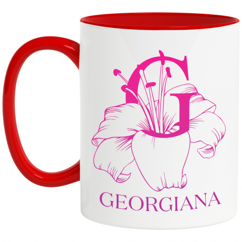 Flori - Cana Iubitorii De Crini, Flori, Natura, Text Nume Personalizat, Dragoste, Culoare Rosu, Cu Litera, 330ML, Ceramica, Cu Maner si Interior Rosu