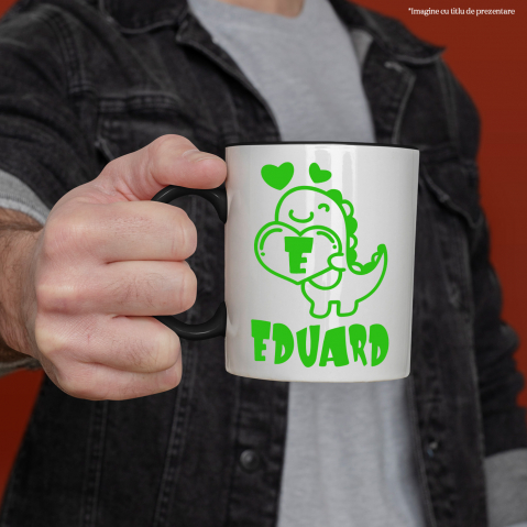 Cana Iubitorii De Dinozauri, Pancarda Inima Cifra, Text Personalizat, Culoare Verde, Cu Litera, 330ML, Ceramica, Cu Maner si Interior Negru [1]