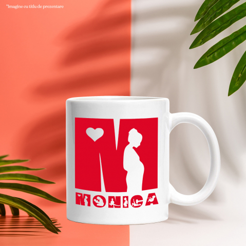 Cana Iubitorii De Familie, Femeie insarcinata, Text Nume Personalizat, copii, Culoare Rosu, Cu Litera, 330ML, Ceramica, Cu Maner si Interior Alb [2]