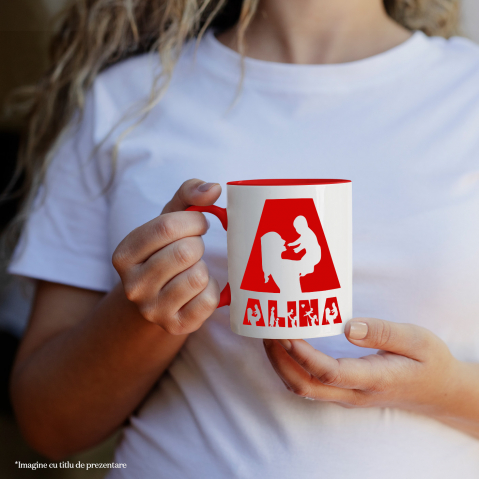 Cana Iubitorii De Familie, Mama, Parinte, Text Nume Personalizat, copii, Culoare Rosu, Cu Litera, 330ML, Ceramica, Cu Maner si Interior Rosu [1]