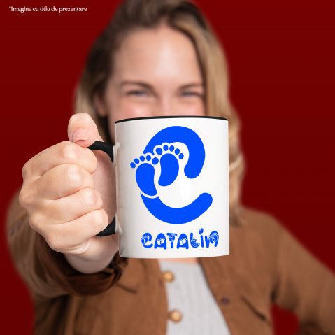 Cana Iubitorii De Familie, Nou Nascut, Unicorn, Text Nume Personalizat, copii, Culoare Albastru, Cu Litera, 330ML, Ceramica, Cu Maner si Interior Negru [1]