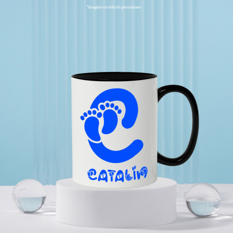 Cana Iubitorii De Familie, Nou Nascut, Unicorn, Text Nume Personalizat, copii, Culoare Albastru, Cu Litera, 330ML, Ceramica, Cu Maner si Interior Negru [2]