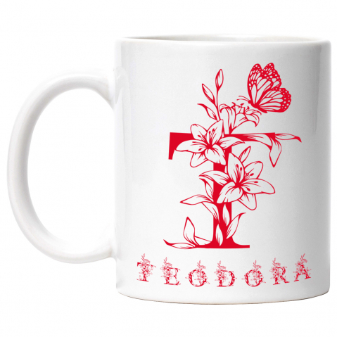 Flori - Cana Iubitorii De Flori, Fluture, Natura, Text Nume Personalizat, Dragoste, Culoare Rosu, Cu Litera, 330ML, Ceramica, Cu Maner si Interior Alb