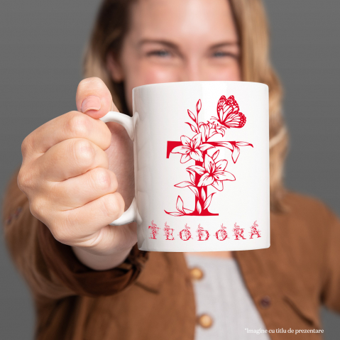 Cana Iubitorii De Flori, Fluture, Natura, Text Nume Personalizat, Dragoste, Culoare Rosu, Cu Litera, 330ML, Ceramica, Cu Maner si Interior Alb [1]