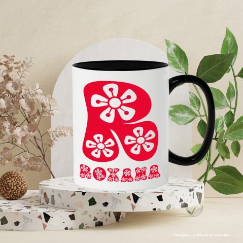 Cana Iubitorii De Flori, Natura, Text Nume Personalizat, Dragoste,Copii, Culoare Rosu, Cu Litera, 330ML, Ceramica, Cu Maner si Interior Negru [2]