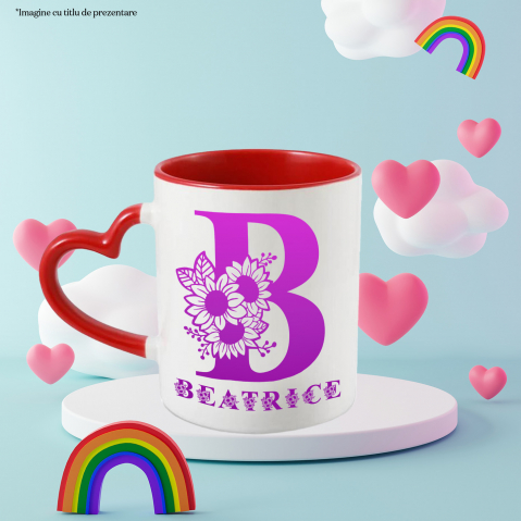 Cana Iubitorii De Flori, Natura, Text Nume Personalizat, Dragoste, Culoare Mov, Cu Litera, 330ML, Ceramica, Cu Maner Inima Rosie si Interior Rosu [2]