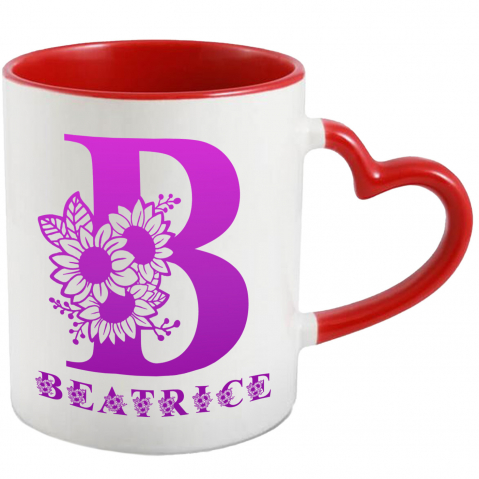 Flori - Cana Iubitorii De Flori, Natura, Text Nume Personalizat, Dragoste, Culoare Mov, Cu Litera, 330ML, Ceramica, Cu Maner Inima Rosie si Interior Rosu