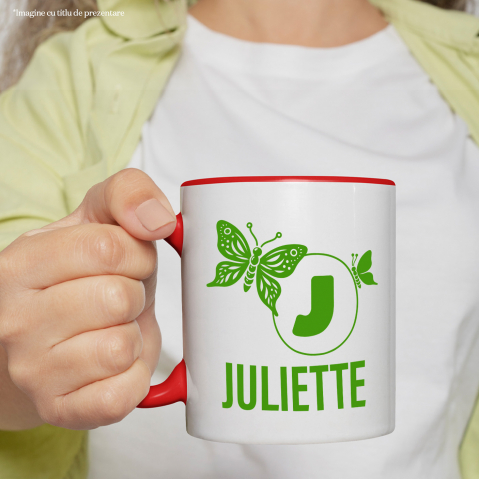 Cana Iubitorii De Fluturi, Fiinta Zburatoare, Text Nume Personalizat, Culoare Verde, Cu Litera, 330ML, Ceramica, Cu Maner si Interior Rosu [1]