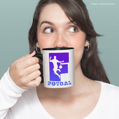 Cana Iubitorii De Fotbal, Minge, Silueta Sportiv, Text Nume Personalizat, Copii, Culoare Albastru, Cu Litera, 330ML, Ceramica, Cu Maner si Interior Negru [1]