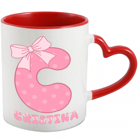 Copii - Cana Iubitorii De Funde, Feminitate, Text Nume Personalizat, Culoare Roz Cu Buline, Cu Litera, 330ML, Ceramica, Cu Maner Inima Rosie si Interior Rosu