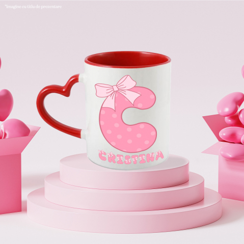 Cana Iubitorii De Funde, Feminitate, Text Nume Personalizat, Culoare Roz Cu Buline, Cu Litera, 330ML, Ceramica, Cu Maner Inima Rosie si Interior Rosu [2]