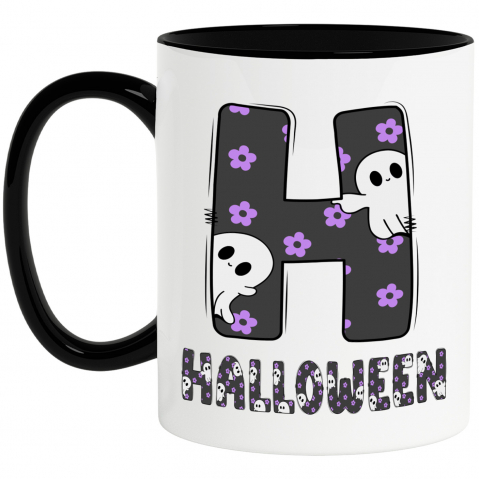 Halloween - Cana Iubitorii De Hallowen, Fantome, Text Nume Personalizat, Copii, Culoare Negru, Cu Litera, 330ML, Ceramica, Cu Maner si Interior Negru