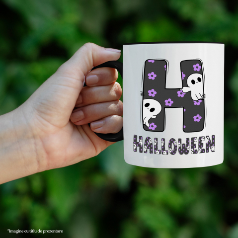 Cana Iubitorii De Hallowen, Fantome, Text Nume Personalizat, Copii, Culoare Negru, Cu Litera, 330ML, Ceramica, Cu Maner si Interior Negru [1]
