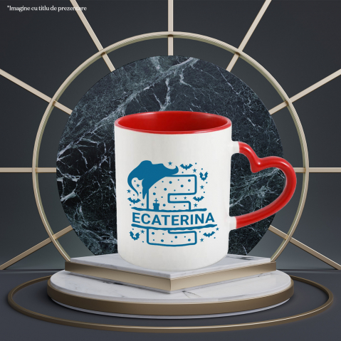 Cana Iubitorii De Hallowen, Lilieci, Palarie Vrajitoare, Text Nume Personalizat, Copii, Culoare Albastru, Cu Litera, 330ML, Ceramica, Cu Maner Inima Rosie si Interior Rosu [1]