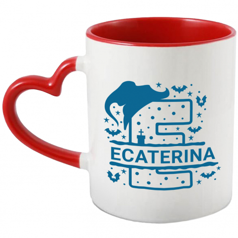 Halloween - Cana Iubitorii De Hallowen, Lilieci, Palarie Vrajitoare, Text Nume Personalizat, Copii, Culoare Albastru, Cu Litera, 330ML, Ceramica, Cu Maner Inima Rosie si Interior Rosu