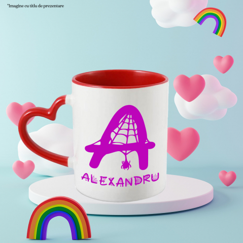 Cana Iubitorii De Hallowen, Panza De Paianjen, Text Nume Personalizat, Copii, Culoare Mov, Cu Litera, 330ML, Ceramica, Cu Maner Inima Rosie si Interior Rosu [2]