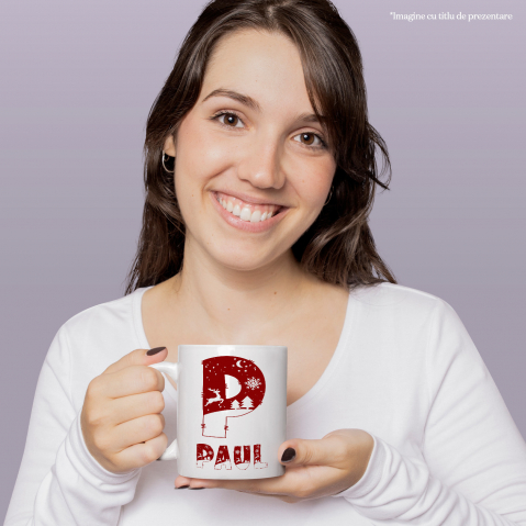 Cana Iubitorii De Iarna, Cangur, Fulgi De Nea, Text Nume Personalizat, Copii, Culoare Rosu, Cu Litera, 330ML, Ceramica, Cu Maner si Interior Alb [1]