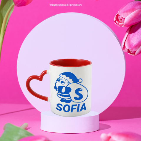 Cana Iubitorii De Iarna, Mos Craciun Cu Sac, Text Nume Personalizat, Copii, Culoare Albastru, Cu Litera, 330ML, Ceramica, Cu Maner Inima Rosie si Interior Rosu [1]