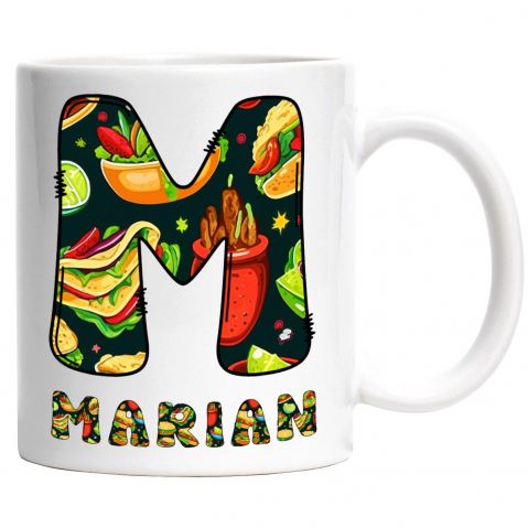 Mancare - Cana Iubitorii De Mancare Mexicana, Tacos, Text Nume Personalizat, Multicolor, Cu Litera, 330ML, Ceramica, Cu Maner si Interior Alb