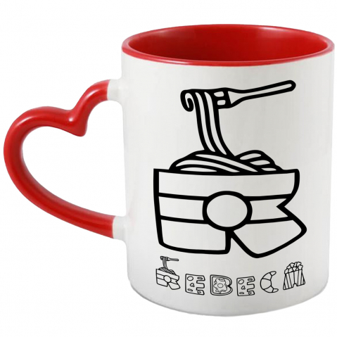 Mancare - Cana Iubitorii De Mancare, Noodles, Pizza, Croasant, Text Nume Personalizat, Culoare Negru, Cu Litera, 330ML, Ceramica, Cu Maner Inima Rosie si Interior Rosu