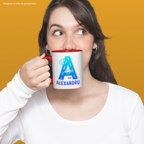 Cana Iubitorii De Masini, Sofer, Text Nume Personalizat, Culoare Albastru Gradient, Cu Litera, 330ML, Ceramica, Cu Maner si Interior Rosu [1]