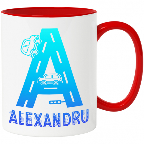 Copii - Cana Iubitorii De Masini, Sofer, Text Nume Personalizat, Culoare Albastru Gradient, Cu Litera, 330ML, Ceramica, Cu Maner si Interior Rosu