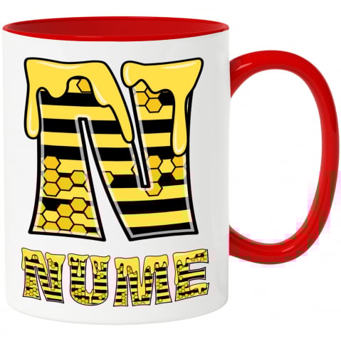 Cani Personalizate - Cana Iubitorii De Miere, Albine, Text Personalizat, Culoare Galben Negru,, Cu Litera, 330ML, Ceramica, Cu Maner si Interior Rosu