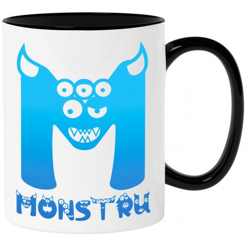 Mixed - Cana Iubitorii De Monstri, Chip Cu Multi Ochii, Text Nume Personalizat, Culoare Albastru, copii, Cu Litera, 330ML, Ceramica, Cu Maner si Interior Negru