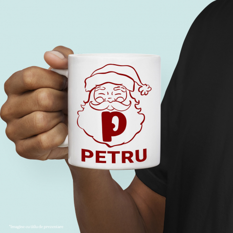 Cana Iubitorii De Mos Craciun, Portret, Text Nume Personalizat, Copii, Culoare Rosu, Cu Litera, 330ML, Ceramica, Cu Maner si Interior Alb [1]