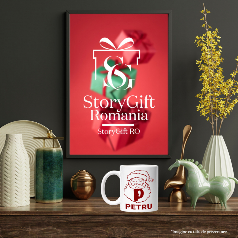 Cana Iubitorii De Mos Craciun, Portret, Text Nume Personalizat, Copii, Culoare Rosu, Cu Litera, 330ML, Ceramica, Cu Maner si Interior Alb [3]