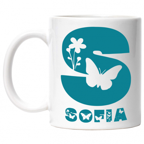 Animale - Cana Iubitorii De Natura, Flori, fluture, Text Nume Personalizat, copii, Culoare Albastru, Cu Litera, 330ML, Ceramica, Cu Maner si Interior Alb