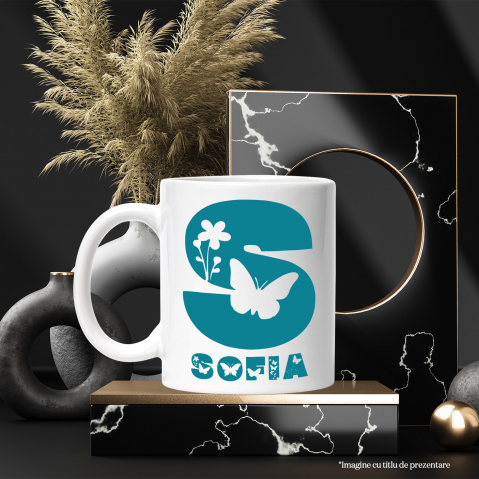 Cana Iubitorii De Natura, Flori, fluture, Text Nume Personalizat, copii, Culoare Albastru, Cu Litera, 330ML, Ceramica, Cu Maner si Interior Alb [2]